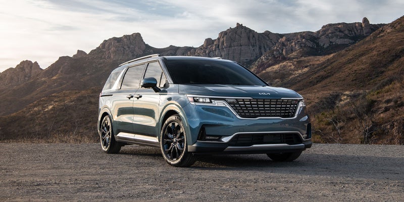 A blue Kia Carnival backed my mountains.